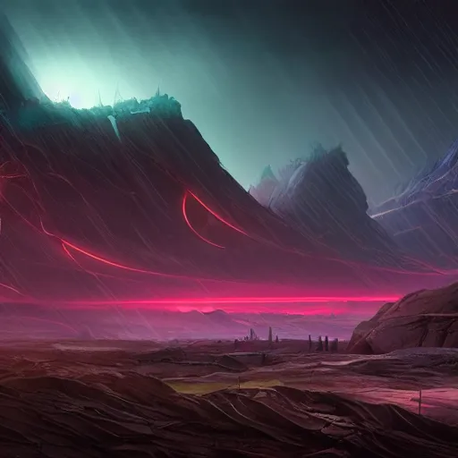 Image similar to sci - fi landscape matte painting, dark lighting, colorful, sharp focus, 4 k, high detail