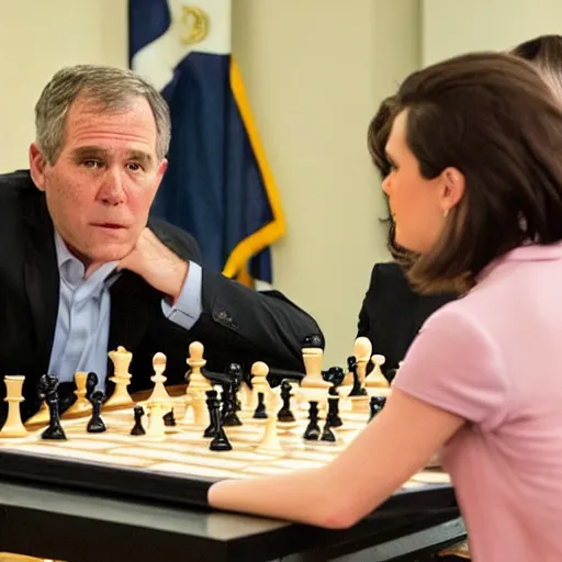 Prompt: actress rachel bloom playing chess against president george w. bush, 4 th game of world chess championship 2 0 2 1, super high quality digital photograph dslr