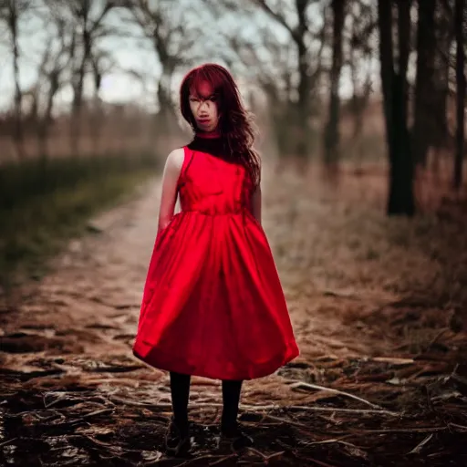 Prompt: a girl made out of glass wearing a dress made out of red fabric, full body 5 0 mm lens, f 1. 4, sharp focus, ethereal, emotionally evoking, head in focus, volumetric lighting, blur dreamy outdoor,