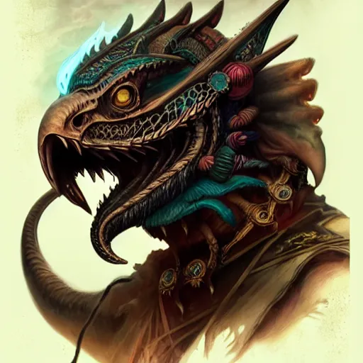 Image similar to side profile of barong family member, wiwek, mara demon, one single tribe member, jungle, one single mask, dark, ancient warrior, snake, dragon, eagle, eagle talons, tribal, inner glow, paint by peter mohrbacher