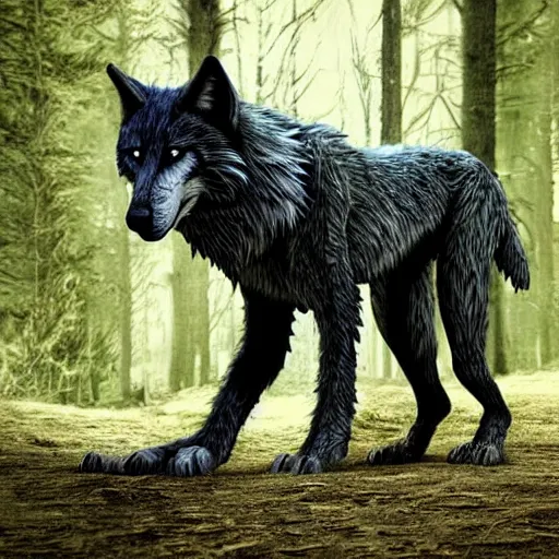 Prompt: werecreature consisting of human and wolf, photograph of dark forest