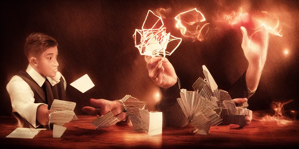 Image similar to magician doing a card trick, cardistry, cards, fantasy, digital art, soft lighting, 8 k