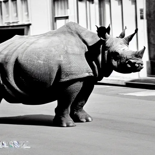 Image similar to photograph of a rhinoceros running down a crowded street