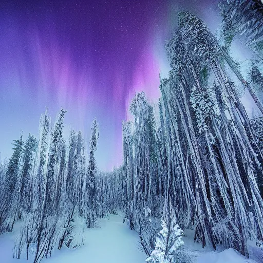Prompt: frozen forest with aurora lights in the sky, award winning national geographic photograph