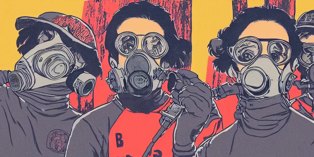 Prompt: detailed rgba color risograph from face wolfs gang photo group, theyre using wolf gas mask, other using grey bandana but no mask, by moebius and dirk dzimirsky and satisho kon, close - up wide portrait