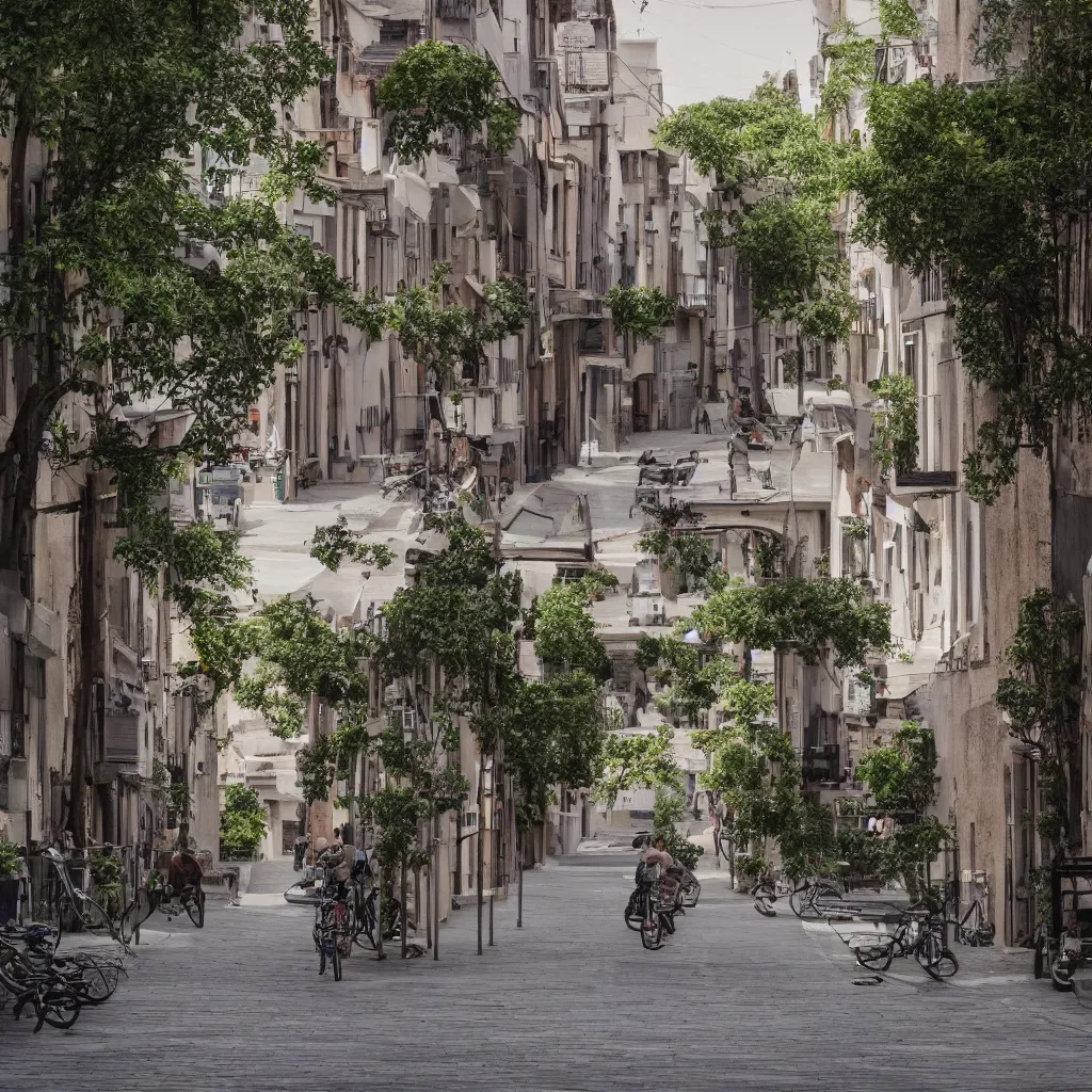 Prompt: a perfect street with no cars, houses designed by famous architect. bikes. cinematic, 8 k, inspirational.