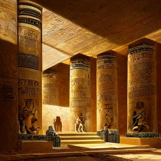 Image similar to an ancient egyptian treasure room entirely made of gold, concept art, architecture design, pyramids, art by greg rutkowski