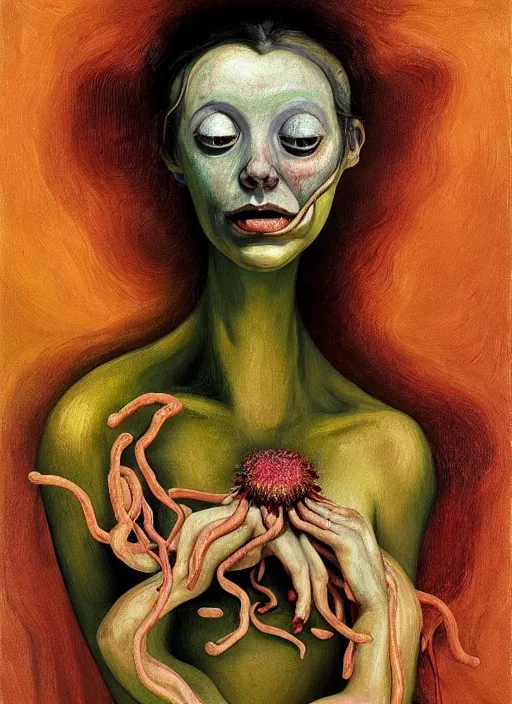 Image similar to Oil painting - She Eats of the Strangling Fruit and Her gossamer polyp blossoms bring iridescent fungal flowers whose spores black the foolish stars by Lucian Freud and Jenny Saville, Abstract brush strokes, Masterpiece, Edward Hopper and James Gilleard, Zdzislaw Beksinski, Mark Ryden, Wolfgang Lettl highly detailed, hints of Yayoi Kasuma