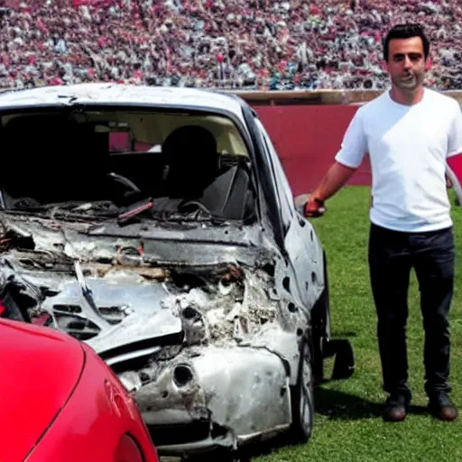 Image similar to xavi hernandez next to a crashed car, in estadio de vallecas