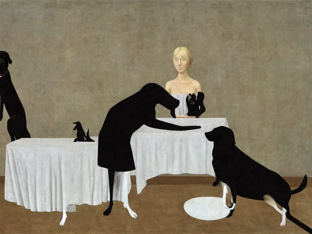 Image similar to Black dog, table, white dress. Alex Colville, Piero della Francesca