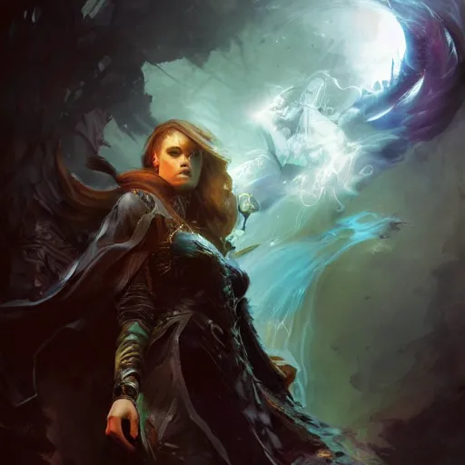 Image similar to enchanting sorcerer painted by Raymond Swanland