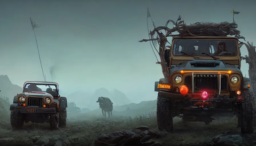 Image similar to Mahindra Thar, an epic fantasy, dramatic lighting, cinematic, establishing shot, extremely high detail, photorealistic, cinematic lighting, artstation, by simon stalenhag, horizon forbidden west