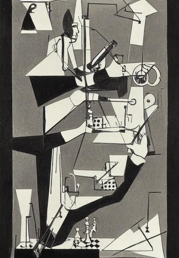 Image similar to a concept drawing of marcel duchamp holding up a chess - piece wire - machine, a surrealist painting by marcel duchamp, complex artificial - intelligence machinery, minimal sketch flow - chart, academic art, 1 9 2 0 s