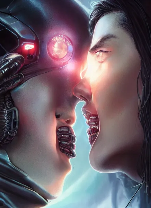 Image similar to ultra realistic close - up of a couple of cyborgs kissing, lovers, faces, cyberpunk, sci - fi, fantasy, led color, flare, soft light, night, highly detailed, digital painting, concept art, sharp focus, illustration, art by artgerm and greg rutkowski and h. r. giger,