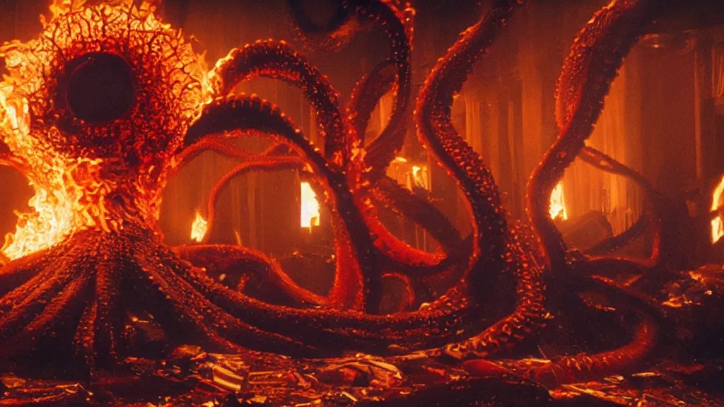 Image similar to a giant octopus made of blood and fire floats through the living room, film still from the movie directed by Denis Villeneuve with art direction by Salvador Dalí, wide lens