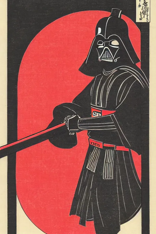 Prompt: Japanese woodblock print of Darth Vader holding a samurai sword , cherry blossom, Hokusai