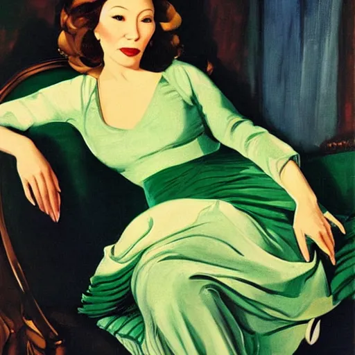 Prompt: portrait of write diva clarice lispector reclining on the sofa, green dress, by j. c. leyendecker, tamara de lempicka