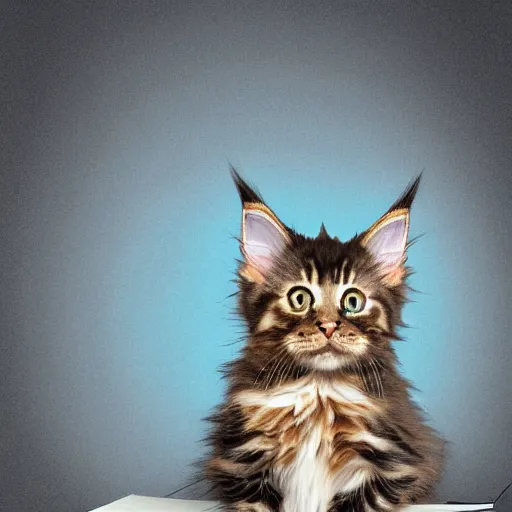 Prompt: eye - level view, a super cute maine coon kitten ate my homework and got smart, hilarious, funny, back to school comedy, digital art, animation, imax 7 0 mm, hdr