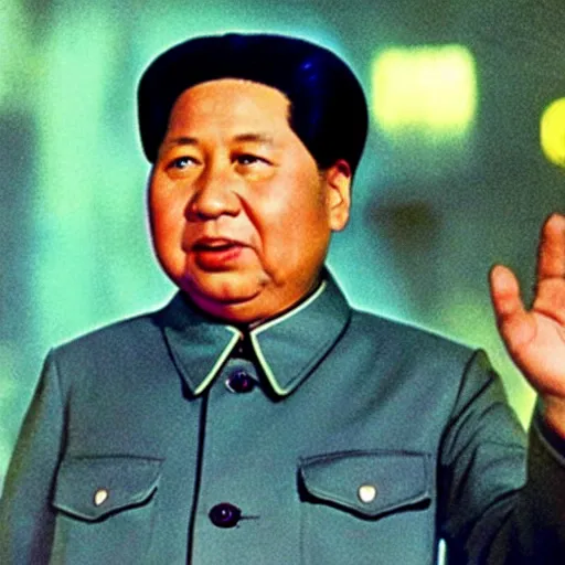 Image similar to A still of Mao Zedong wearing a disco suit in Saturday Night Fever