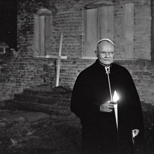 Prompt: photogrqph of john paul ii standing in the entrance to a small burning church building, at night, pitch black