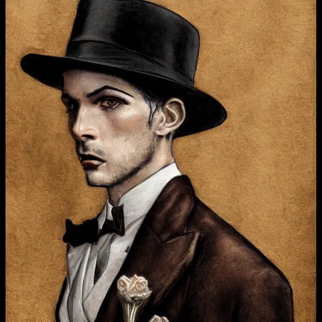 Image similar to photorealistic sepia full - head portrait of a 1 9 2 0 s era smirking male occultist, well dressed, long - tailed tuxedo coat, atmospheric lighting, dark, brooding, painted, intricate by thierry doizon, ultra detailed, well composed, best on artstation, cgsociety, epic, stunning, gorgeous, intricate detail, much wow, masterpiece