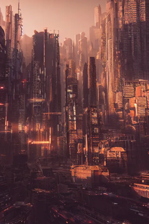 Image similar to cyberpunk cityscape like tokyo nework with tall buildings at dusk golden hour cinematic lighting, epic composition. A golden daylight, hyper-realistic environment. Hyper and intricate detail, photo-realistic. Cinematic and volumetric light. Epic concept art. Octane render and Unreal Engine, trending on artstation