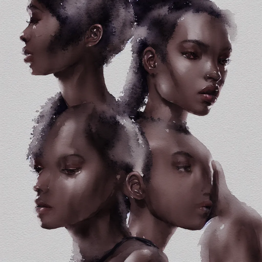 Image similar to beautiful watercolor painting of young black women, intricate, elegant, highly detailed, digital painting, artstation, concept art, smooth, sharp focus,, dynamic lighting, ultrarealistic, cinematic, octane render, 8 k