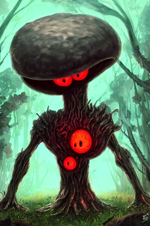 Image similar to a humanoid figure mushroom monster with large glowing eyes, highly detailed, digital art, sharp focus, trending on art station, fungus spores, anime art style