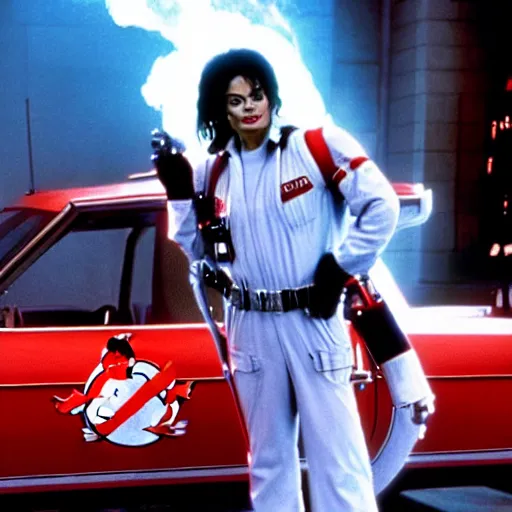 Image similar to stunning awe inspiring michael jackson as a ghostbuster in the movie ghostbusters, movie still 8 k hdr atmospheric lighting