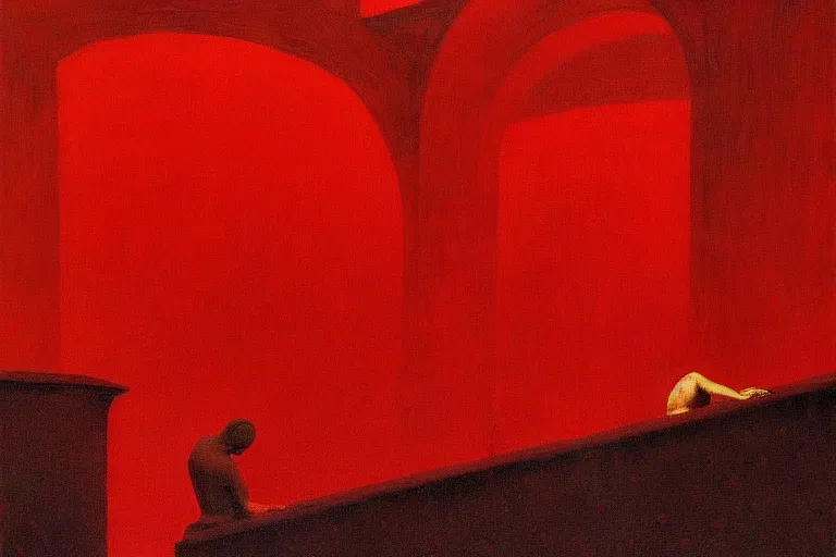 Image similar to only with red, a red great emperor, taormina amphitheatre, expressive crowd hails him, in the style of beksinski, parts by edward hopper, parts by rodcenko, parts by yue minjun, intricate and epic composition, red by caravaggio, insanely quality, highly detailed, masterpiece, red light, artstation, 4 k