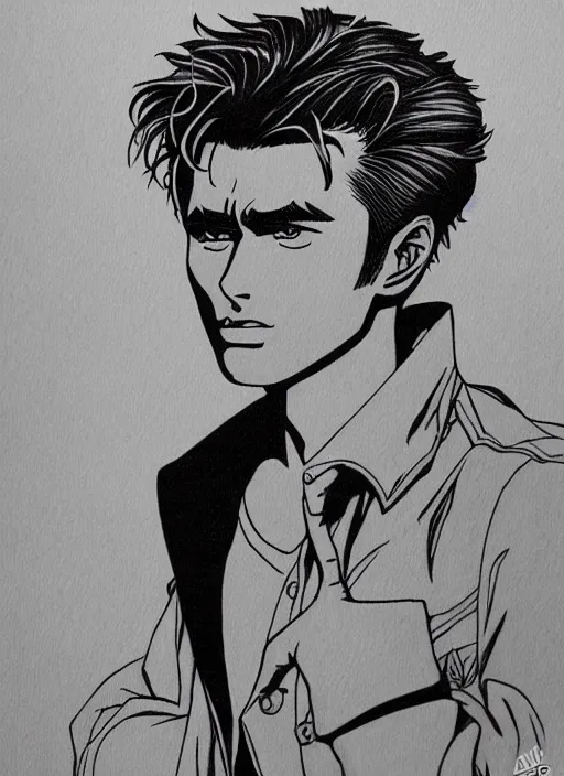 Prompt: james dean in the style of kentaro miura, james dean in berserk, detailed manga illustration, anime fantasy illustration, ink portrait