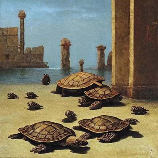 Image similar to turtles in ruined city of Atlantis , by Michael Sowa