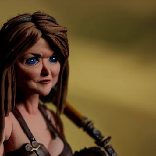 Image similar to a cinematic film still of a claymation stop motion film starring lucy lawless as xena warrior princess, shallow depth of field, 8 0 mm, f 1. 8