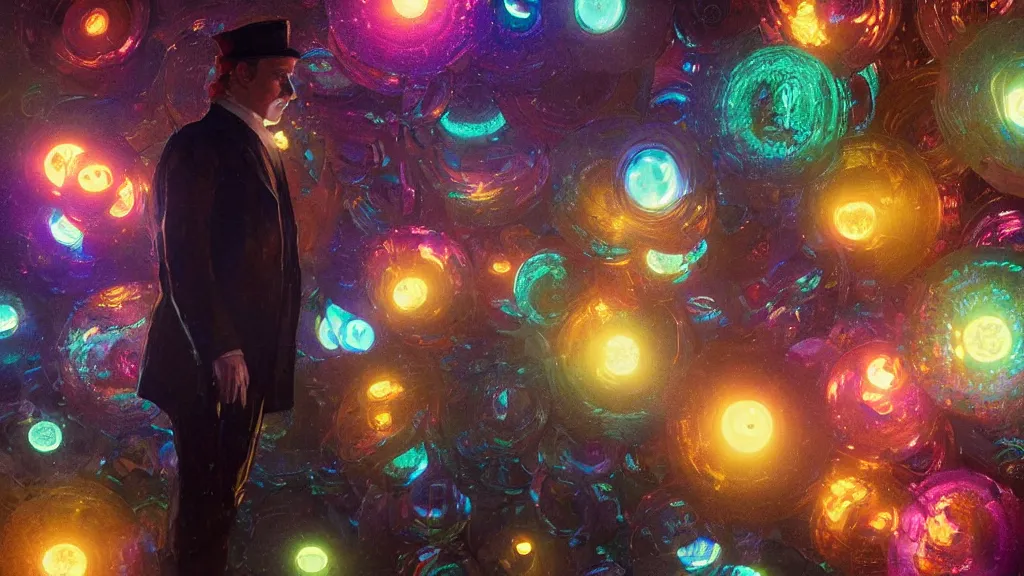 Prompt: swarm of colorful glowing iridescent discs surrounding a victorian man, by greg rutkowski