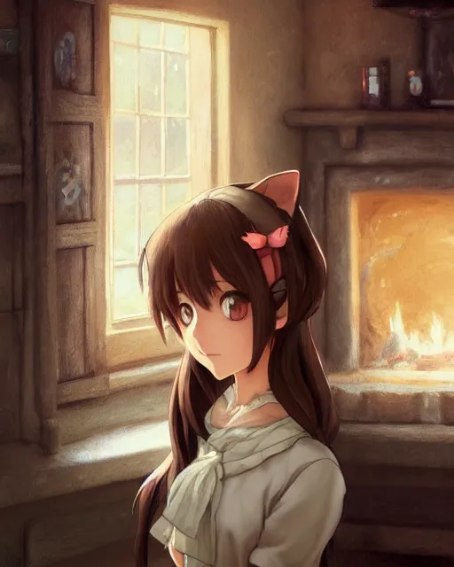 Prompt: a brown haired anime catgirl in a cozy cottage, cat ears, detailed shirt, fireplace, official art, character art, anime style, detailed face portrait, by charlie bowater, by jeremy lipking, by studio ghibli, photorealistic digital art, octane render