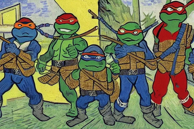 Image similar to teenage mutant ninja turtles meet the beastie boys, painted by vincent van gogh