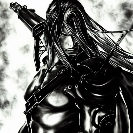 Prompt: a beautiful painting of sephiroth by yoji shinkawa, metal gear solid, strong lines, black and white, atmosphere and tension, japanese, trending on artstation