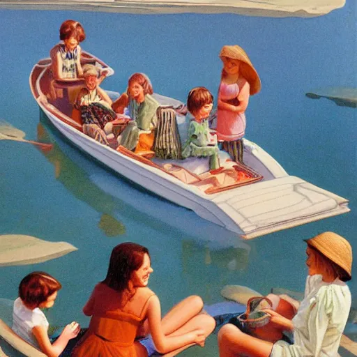 Image similar to The land art depicts a group of well-dressed women and children enjoying a leisurely boat ride on a calm day. The women are chatting and laughing while the children play with a toy boat in the foreground. alternate dimensions by Tibor Nagy, by Ken Kelly angular, doom