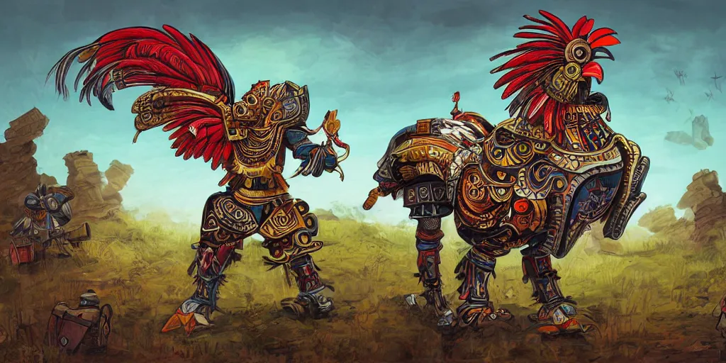 Prompt: colorful illustration of a pompous fully armoured mechanical rooster warrior in a farm landscape, dieselpunk, mix of styles, angry, aggressive