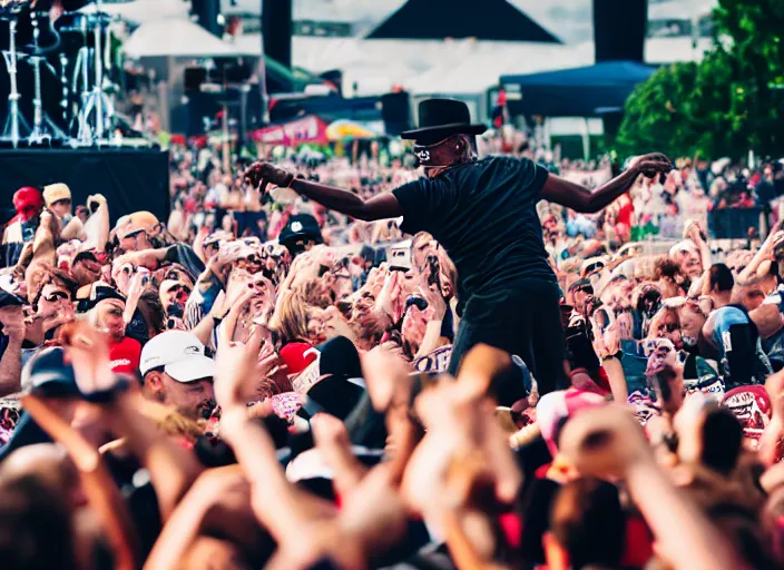 Image similar to photo still of samuel l jackson on stage at vans warped tour!!!!!!!! at age 3 3 years old 3 3 years of age!!!!!!!! stage diving into the crowd, 8 k, 8 5 mm f 1. 8, studio lighting, rim light, right side key light