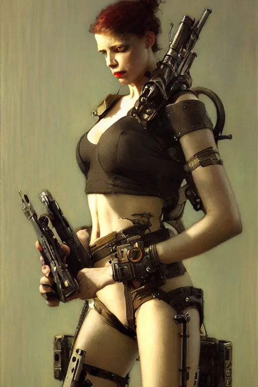 Image similar to portrait max mad cyberpunk, machinist tech rifle gun design, painting by gaston bussiere, katsuya terada, nc wyeth, greg rutkowski, craig mullins, vermeer, frank frazetta, mucha, tom of finland, trending on artstation, jeffery catherine jones