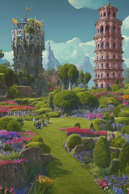 Image similar to painted tower of the moon in its gardens fairytale illustration, elaborate latticed balconies, tall windows, formal flower gardens, dramatic cinematic lighting, rich colors, golden age illustration, by Ludwig Deutsch and William Dyce and April Gornik and (Edmund Dulac and Nicholas Roerich),unreal engine