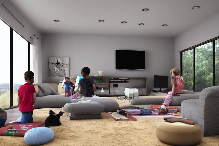 Image similar to A cozy TV room, with kids watching MTV while outside is raining, Ultra realistic, global illumination, 1984, wide angle lens, 4k