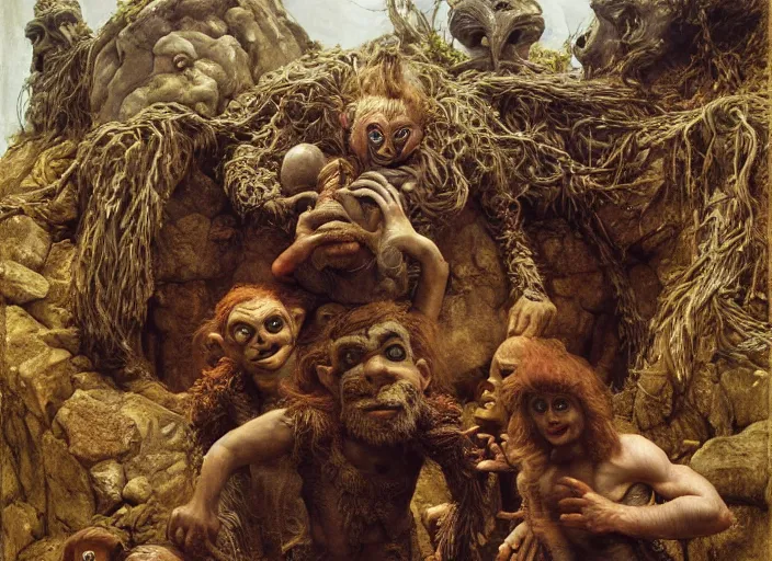 Image similar to jim henson's labyrinth. stone walls. a wrecking crew of five goblins. by edgar maxence and caravaggio and michael whelan and delacroix style, artistic, intricate painting, cinematic lighting, hyper realistic, extremely detailed, vivid colors, establishing shot, dramatic lighting