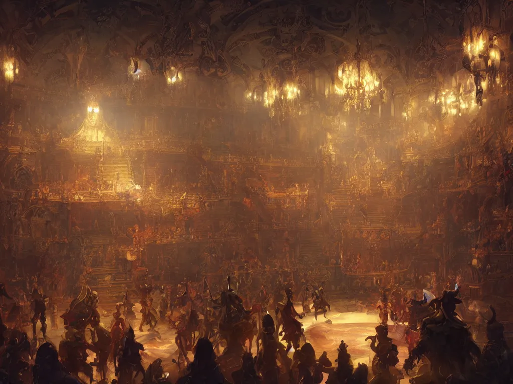 Prompt: interior of a circus in the baroque era, hearthstone art style, epic fantasy style art by Craig Mullins, fantasy epic digital art, epic fantasy card game art by Greg Rutkowski