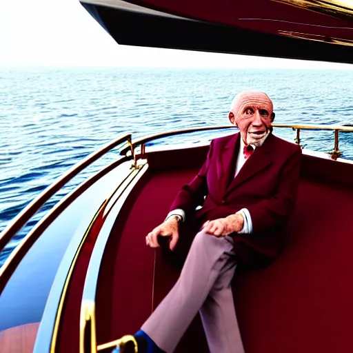 Image similar to wrinkled hunchbacked old man in burgundy suit polishing the side of a gold plated mega yacht