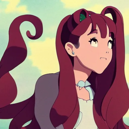 Image similar to ariana grande, flowing hair. in the style of studio ghibli, trending on artstation, emerald herald