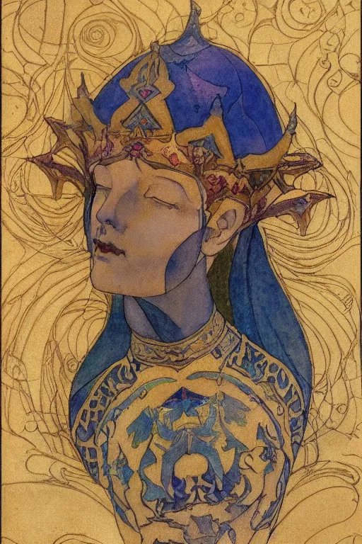 Prompt: the lantern crown, by Annie Swynnerton and Nicholas Roerich and Edmund Dulac, embroidered brocade, tattoos, elaborate costume, geometric ornament, symbolist, rich colors, dramatic lighting, smooth, sharp focus, extremely detailed