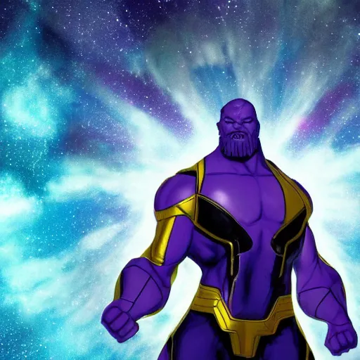 Image similar to MCU gigachad sigma male thanos smiling, wearing infinity gauntlet, high quality wallpaper, desktopography