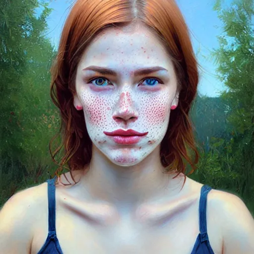 Image similar to Facial portrait of a pretty cottagecore girl, looking at the camera, slight awkward smile, lips slightly parted, some light freckles, no hands visible, extremely detailed painting by Greg Rutkowski and by Steve Henderson and by Harumi Hironaka